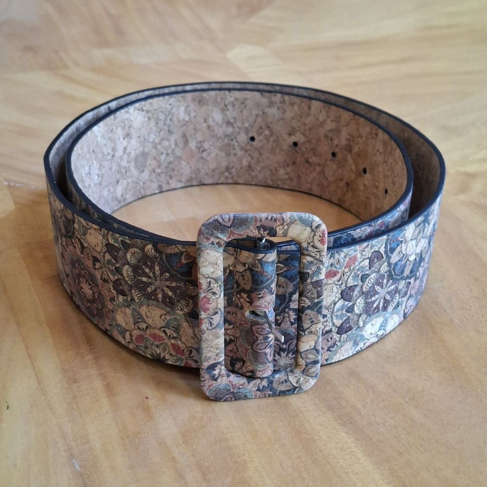Boho Belt Brown Vintage Bohemian style Buckle Belt Wide Cork Floral 44" Long